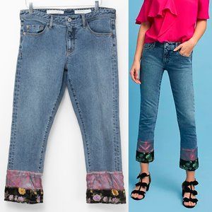 Anthropologie Pilcro Jeans Boyfriend Slim Cropped Hem Patchwork Denim Blue 30